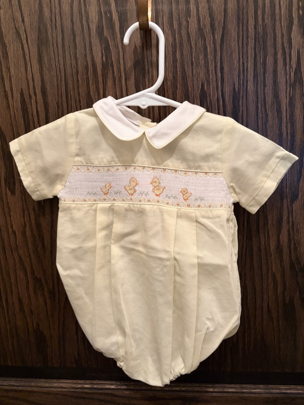 Light Yellow Baby Boy Smocked Romper with Duck Embroidery
